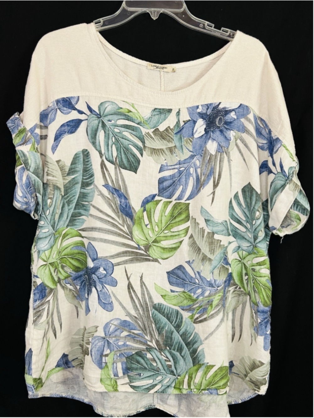 Lungo L'Arno Top Tunic Shirt 1X Palm Monstera Leaves Linen Tropical Beachy Italy